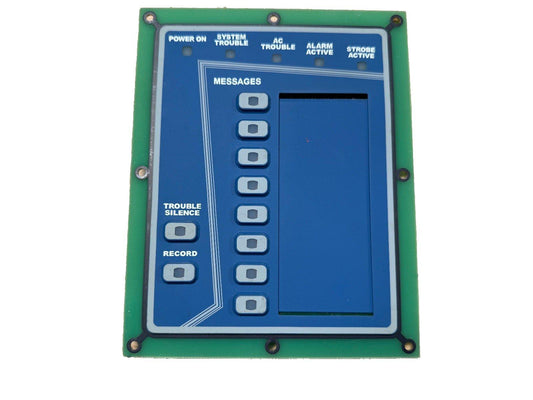 Fire alarm control panel with status indicators and message buttons for system monitoring