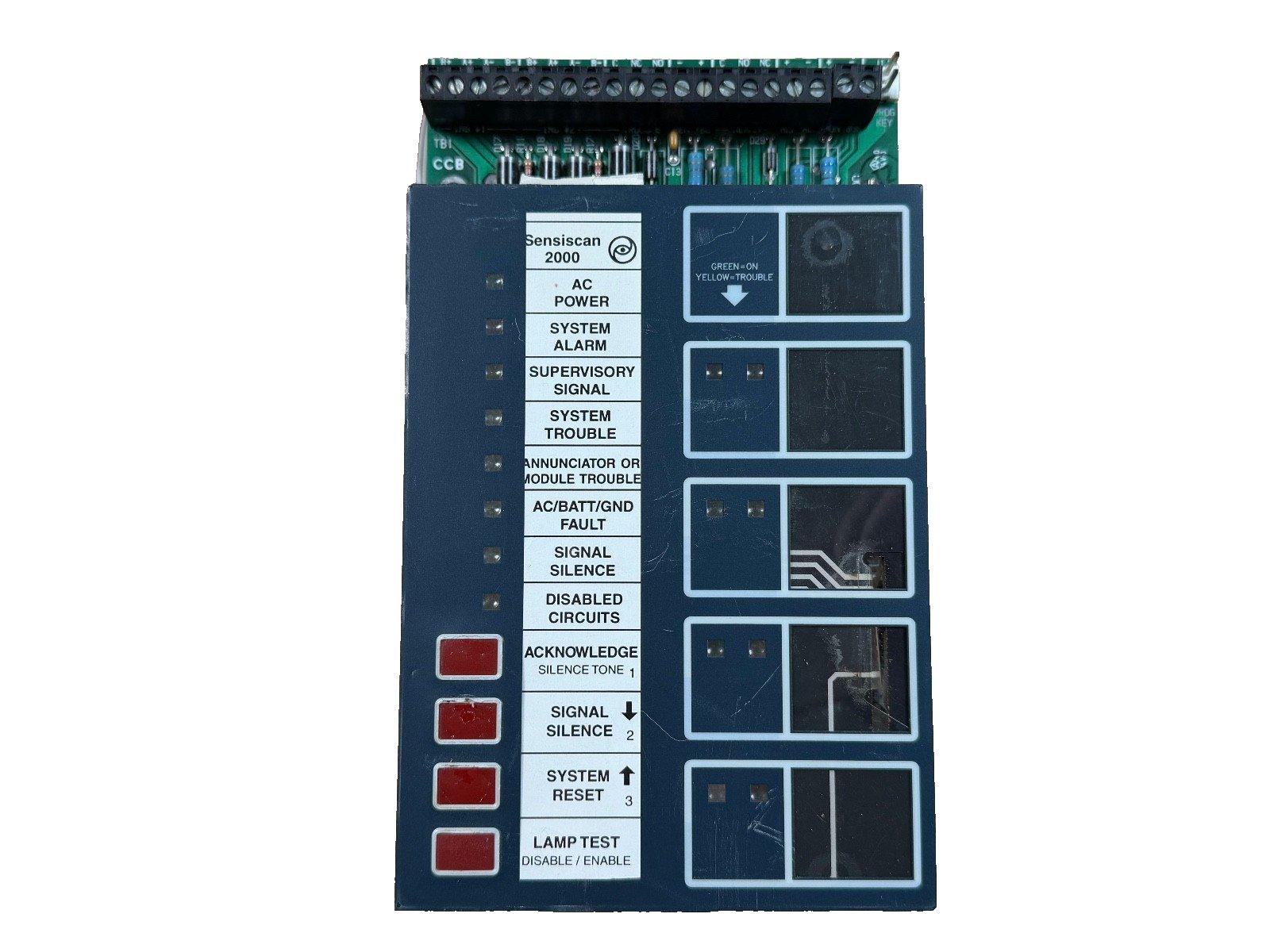 Sensiscan 2000 fire alarm control module with indicator lights and reset buttons for system monitoring