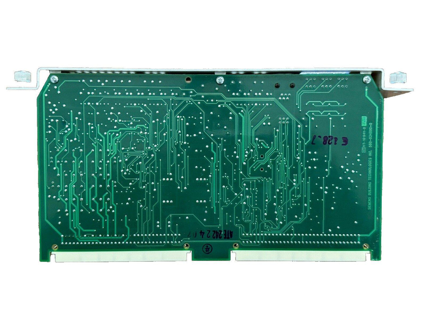Siemens fire alarm control panel circuit board, green PCB with connectors and mounting brackets