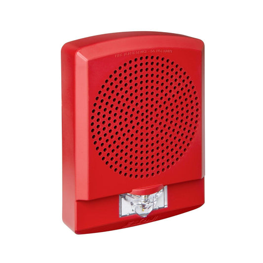 Red fire alarm horn strobe with perforated speaker grille and LED light, labeled 'FIRE ALARM DEVICE - DO NOT PAINT'