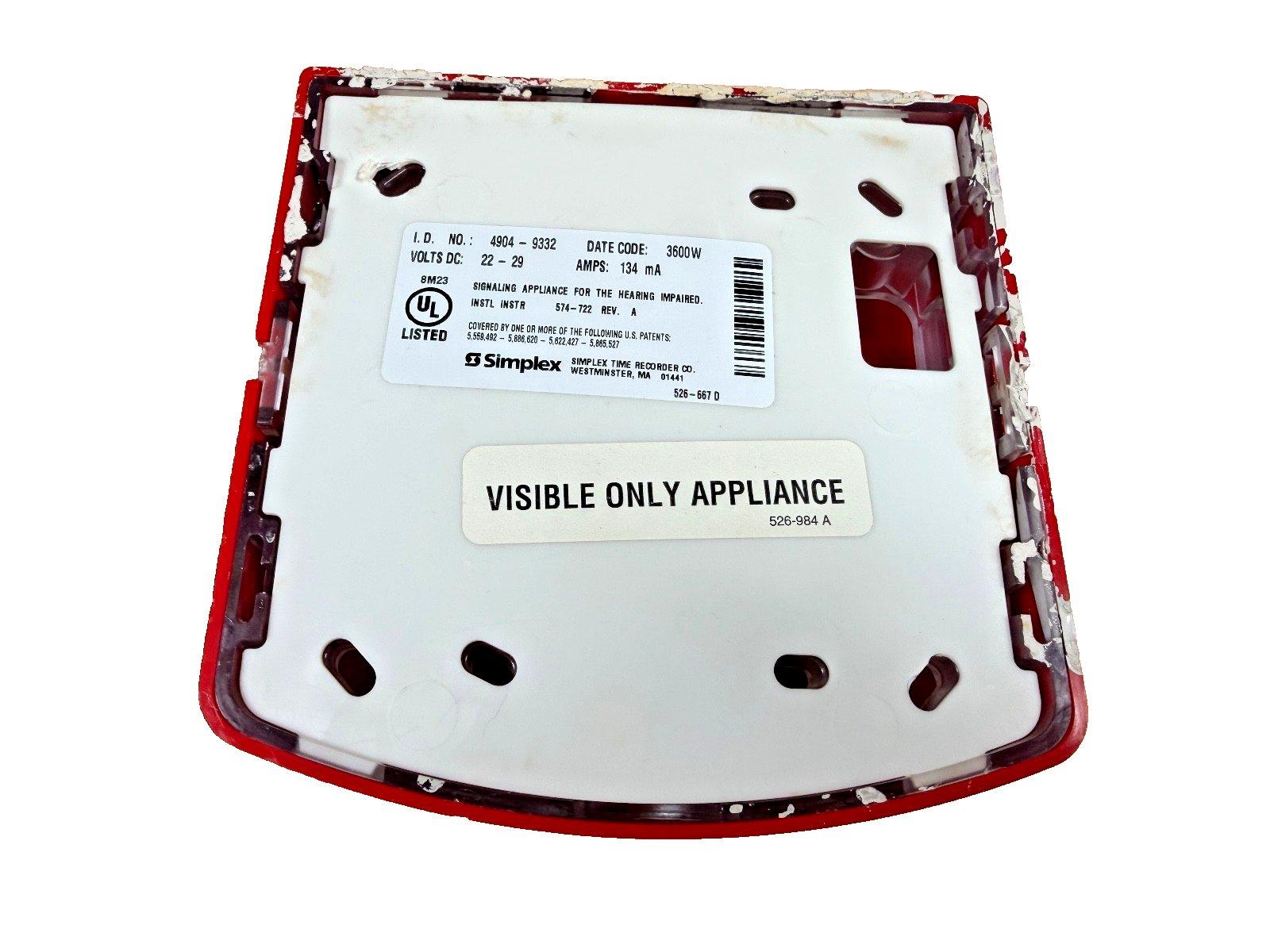 Simplex fire alarm signaling device for hearing impaired, visible only appliance, UL listed