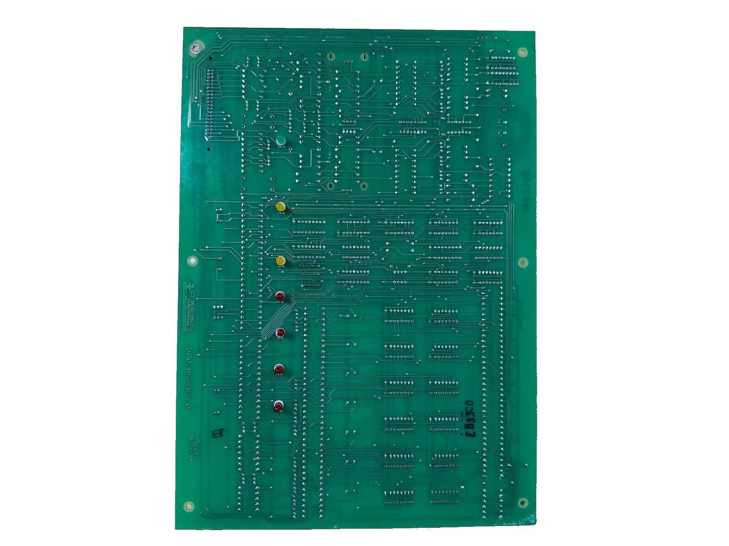 Green fire alarm control panel circuit board with LED indicators for commercial security systems