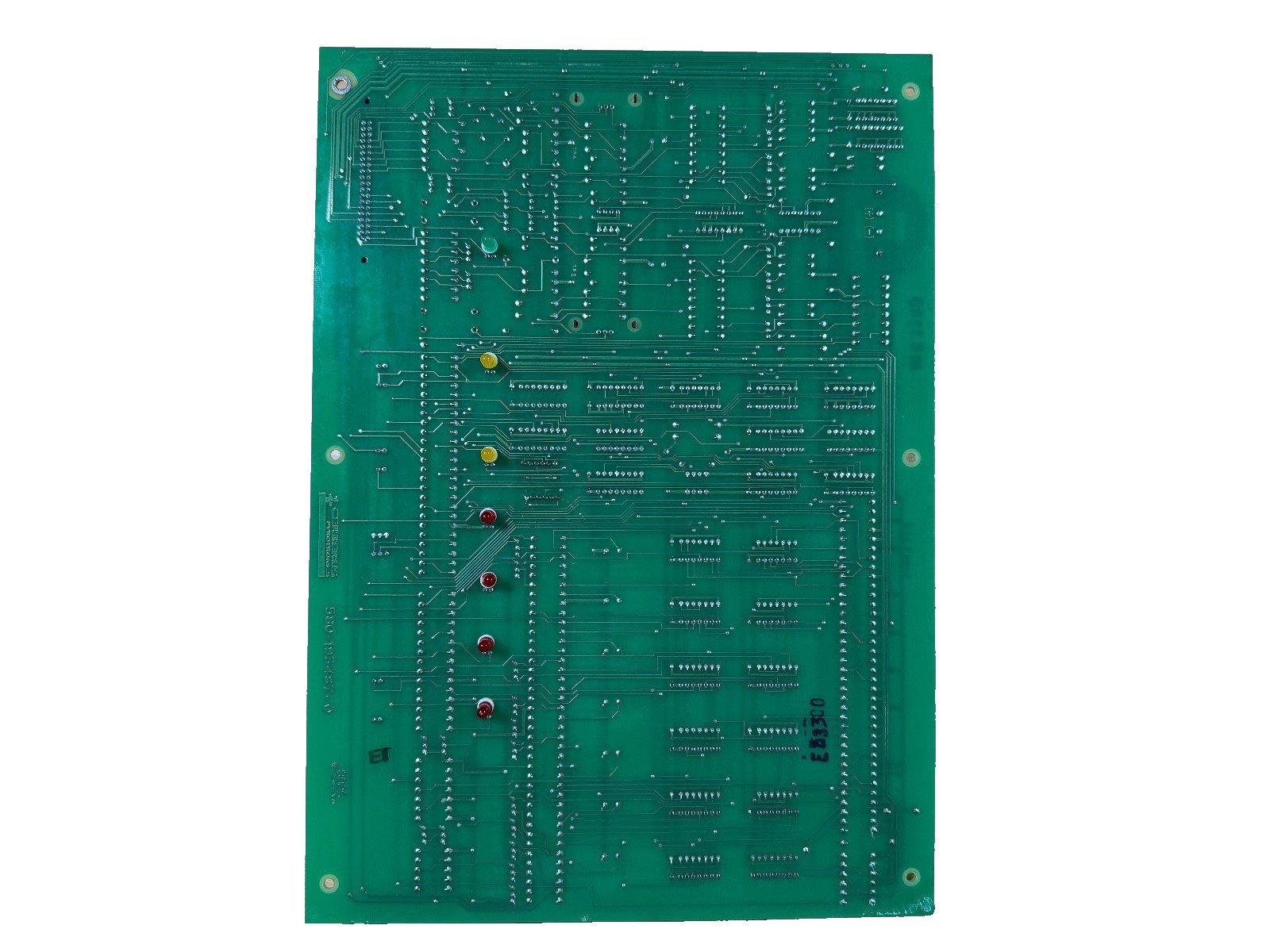 Green fire alarm control panel circuit board with LED indicators for commercial security systems