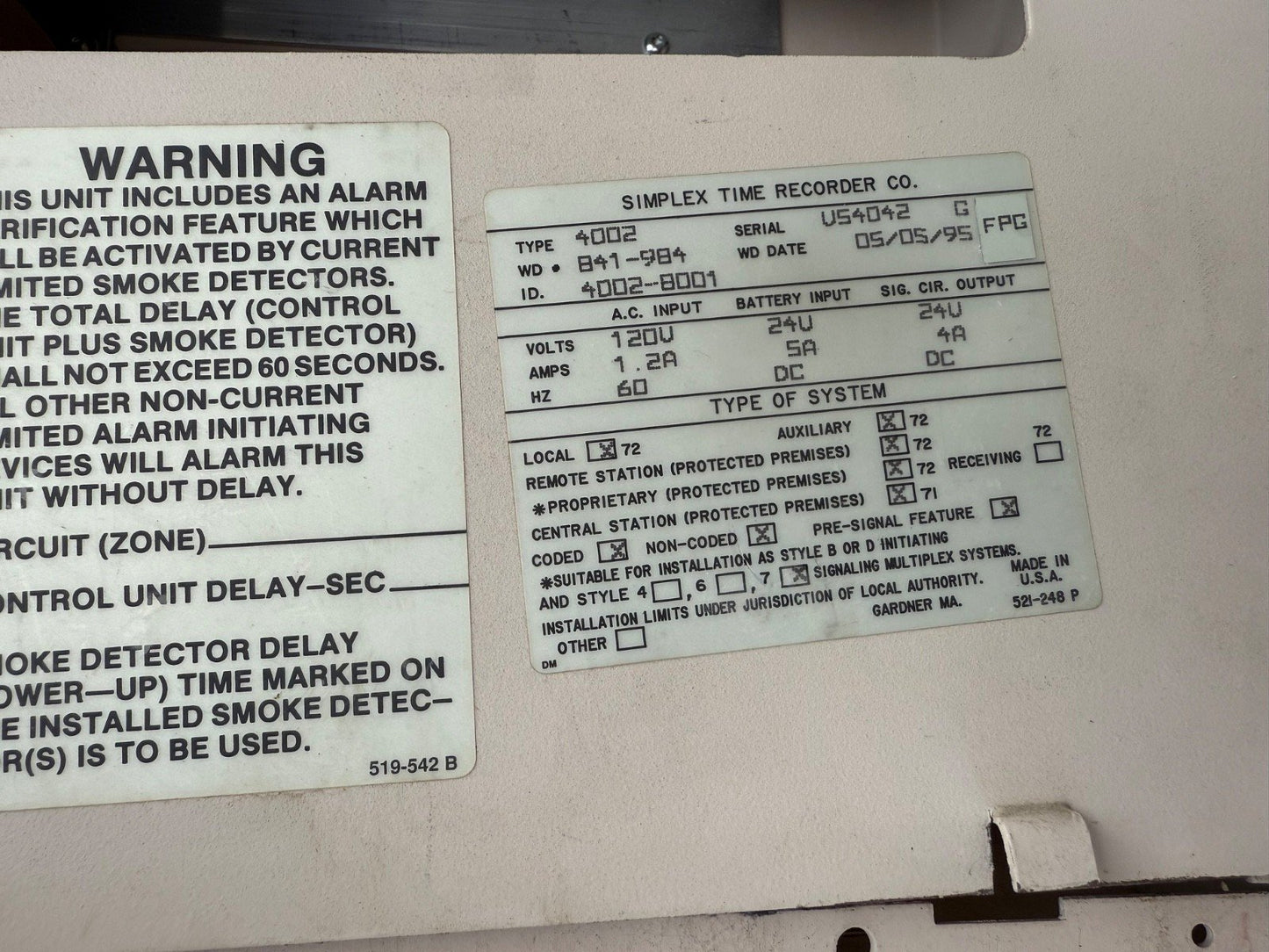 Simplex 4002 4002-8001 Fire Alarm Control Panel Complete Board + Cabinets