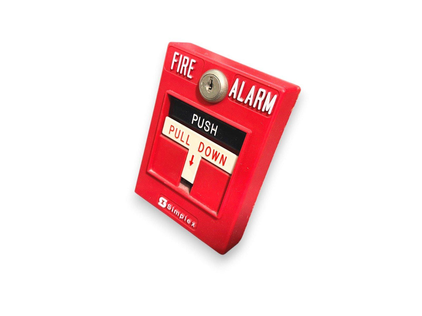 Red Simplex fire alarm pull station with push down lever and key lock