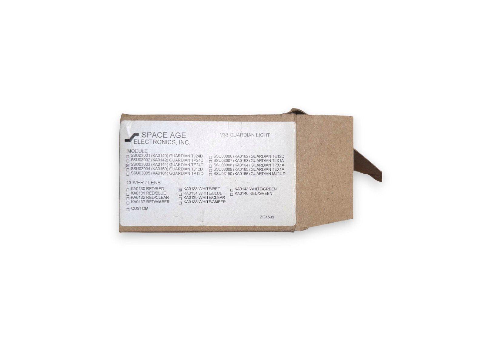 Space Age Electronics V33 Guardian Light packaging with module and lens options for fire alarm systems