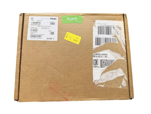 Simplex fire alarm fiber media kit in shipping box with RoHS label and FedEx shipping label
