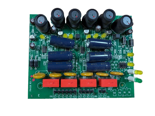 Fire alarm control panel circuit board with capacitors, LEDs, and connectors for fire safety systems