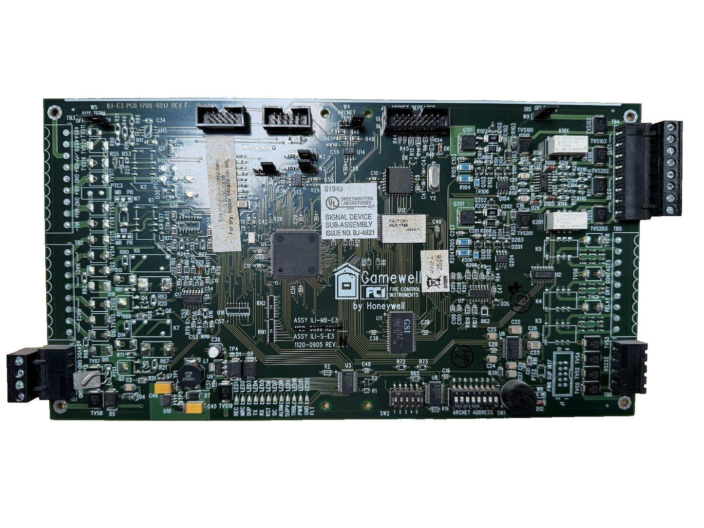 Gamewell FCI fire alarm control panel circuit board by Honeywell, featuring UL-listed signal device sub-assembly