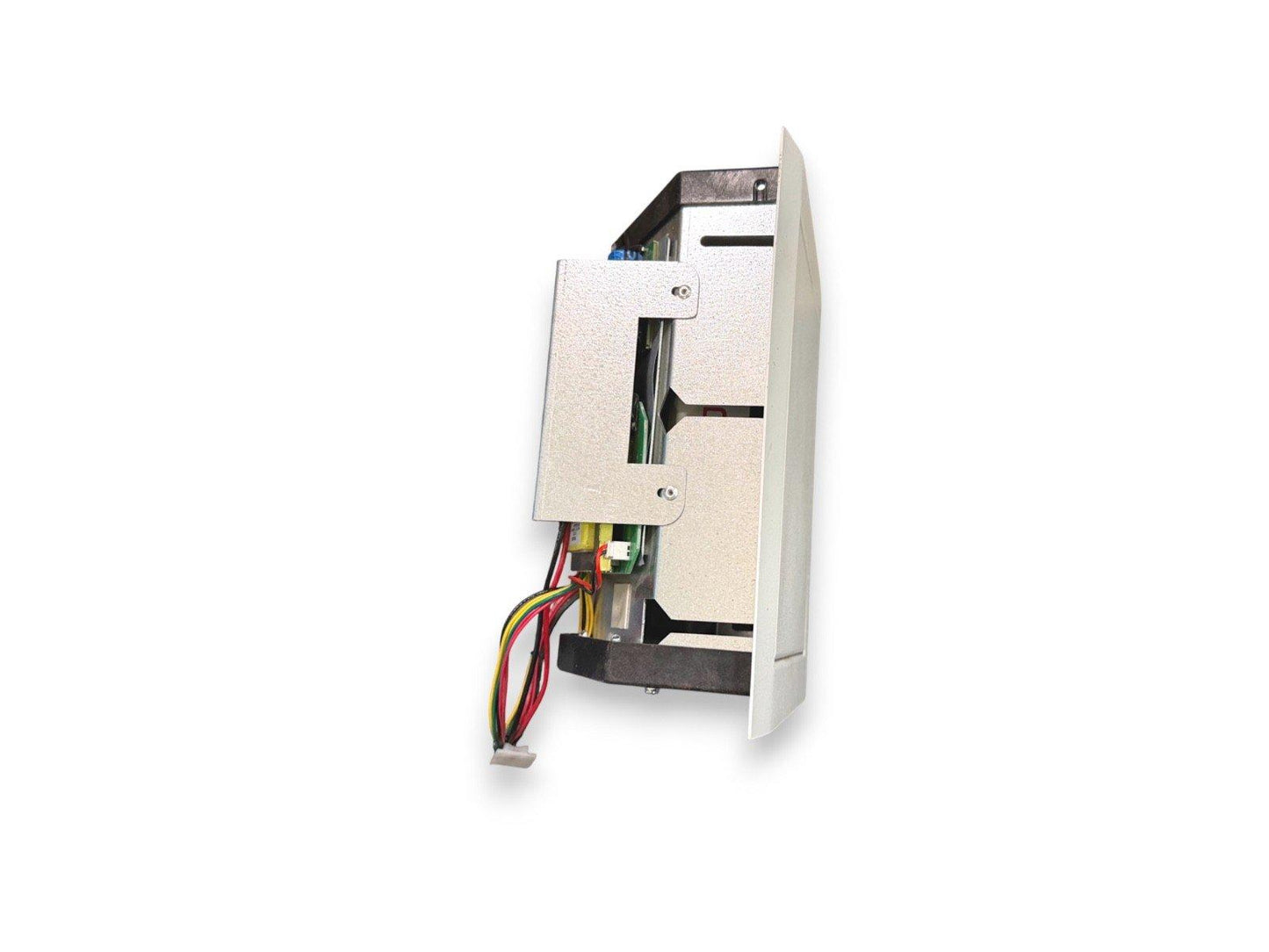 Fire alarm control panel with exposed wiring and circuit board for installation