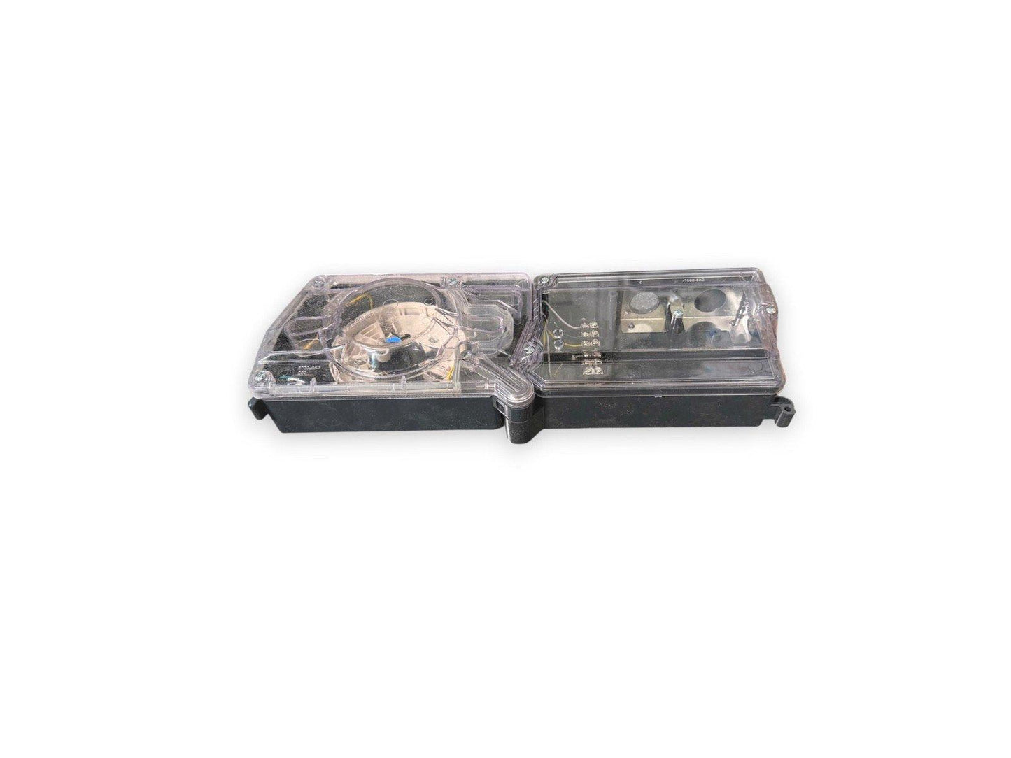 Fire alarm control module with transparent cover showing internal wiring and components