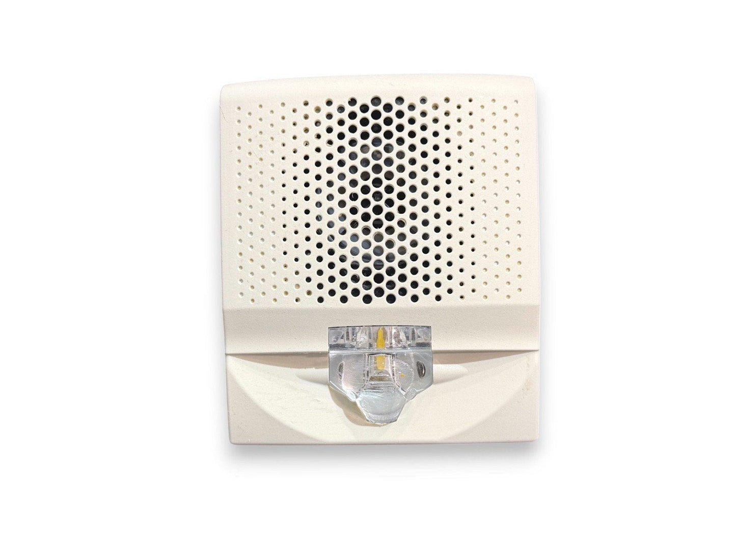 White fire alarm sounder with LED strobe light for commercial or residential safety systems