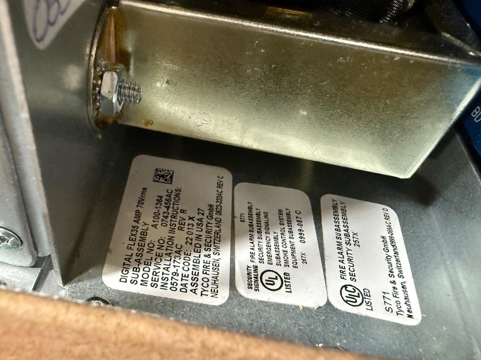 Tyco fire alarm subassembly with UL listed labels and model details for security signaling systems