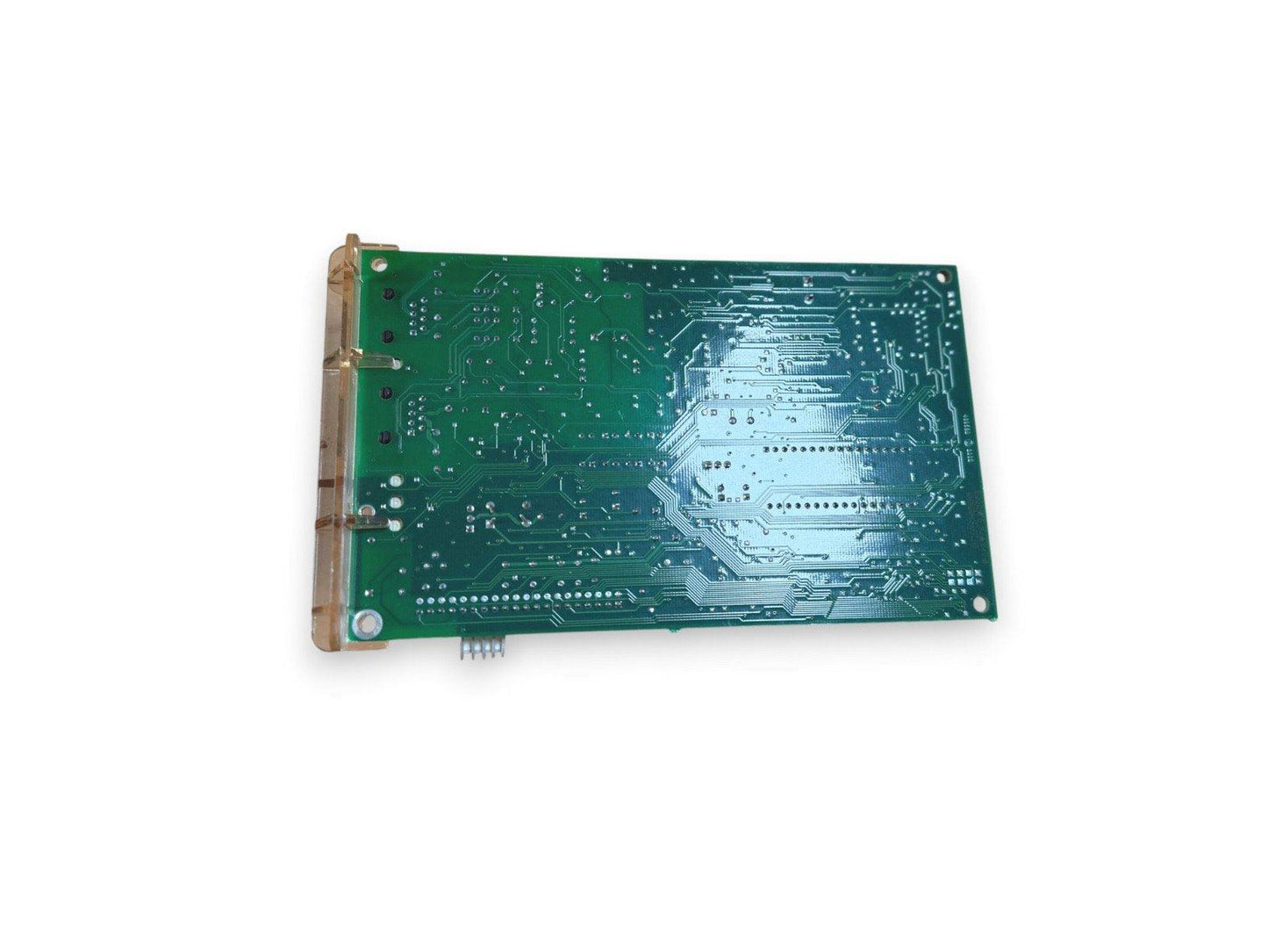 Green fire alarm control panel circuit board with connector pins and mounting holes