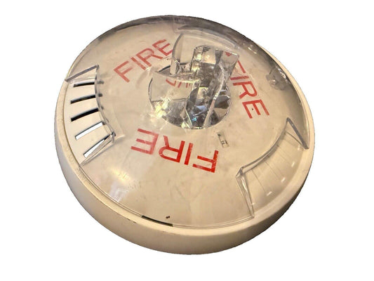 White fire alarm detector with red 'FIRE' text and clear lens, used for home safety systems