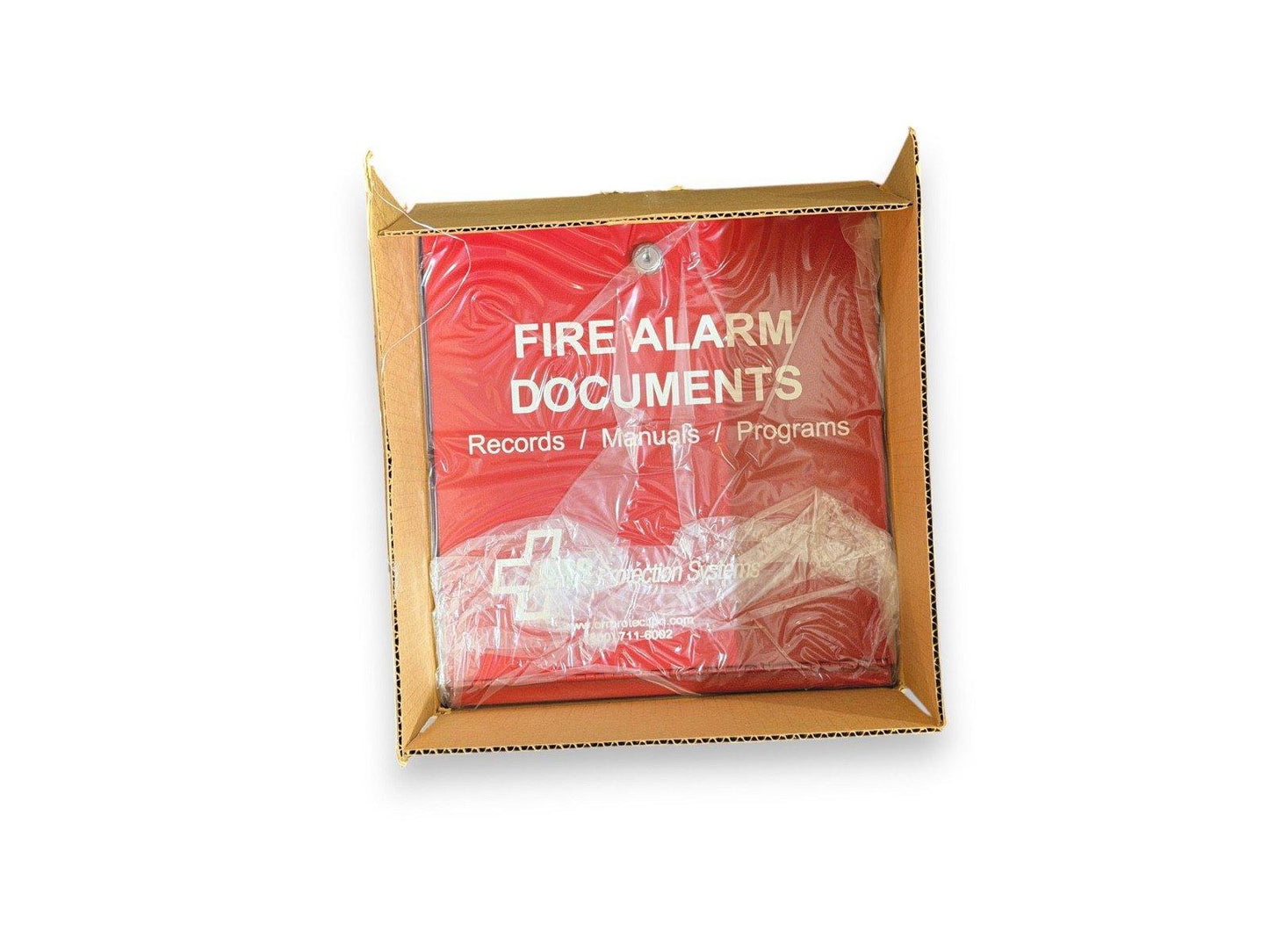 Fire alarm documents folder with manuals and records in cardboard box