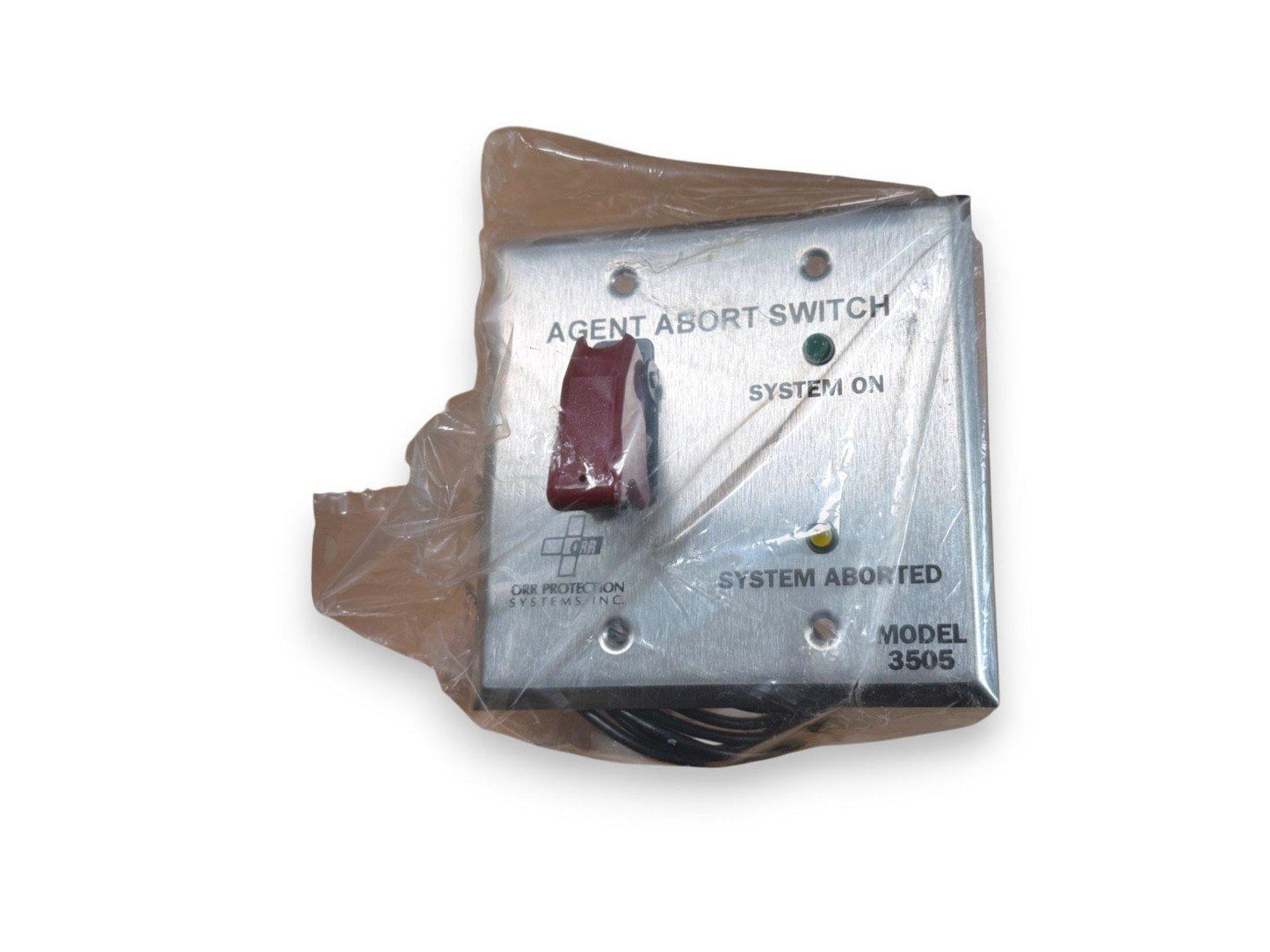 Orr Protection Systems Model 3505 Agent Abort Switch with red toggle and system status LEDs, fire alarm equipment