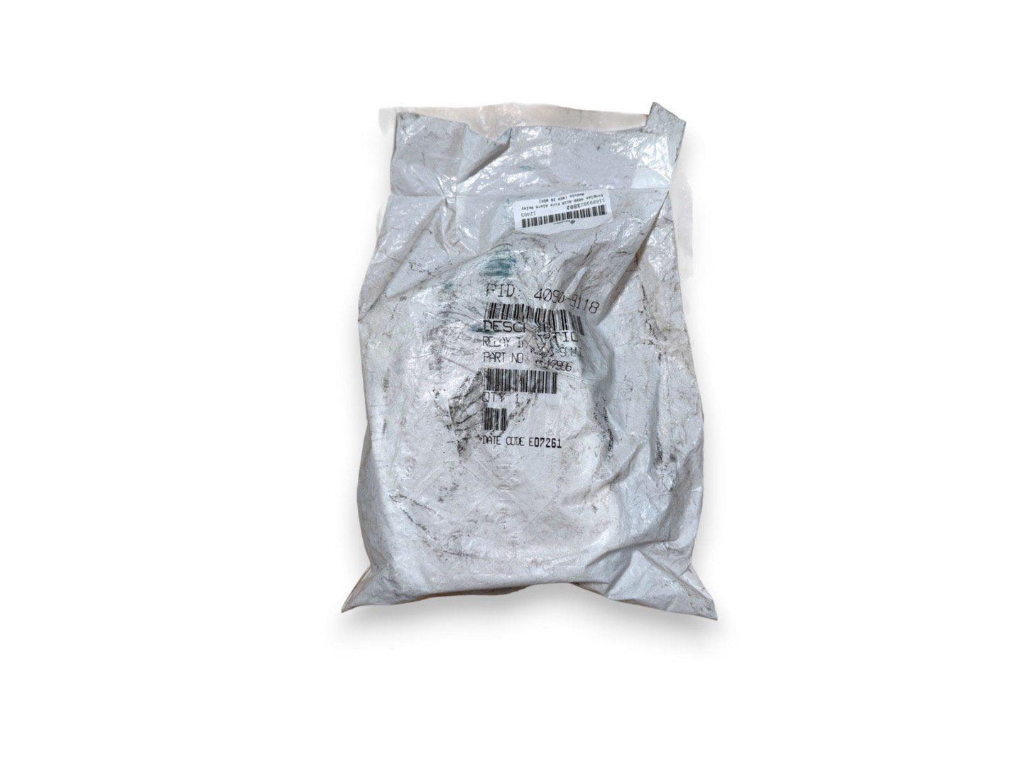 Sealed fire alarm relay module in anti-static bag with part number and barcode labels