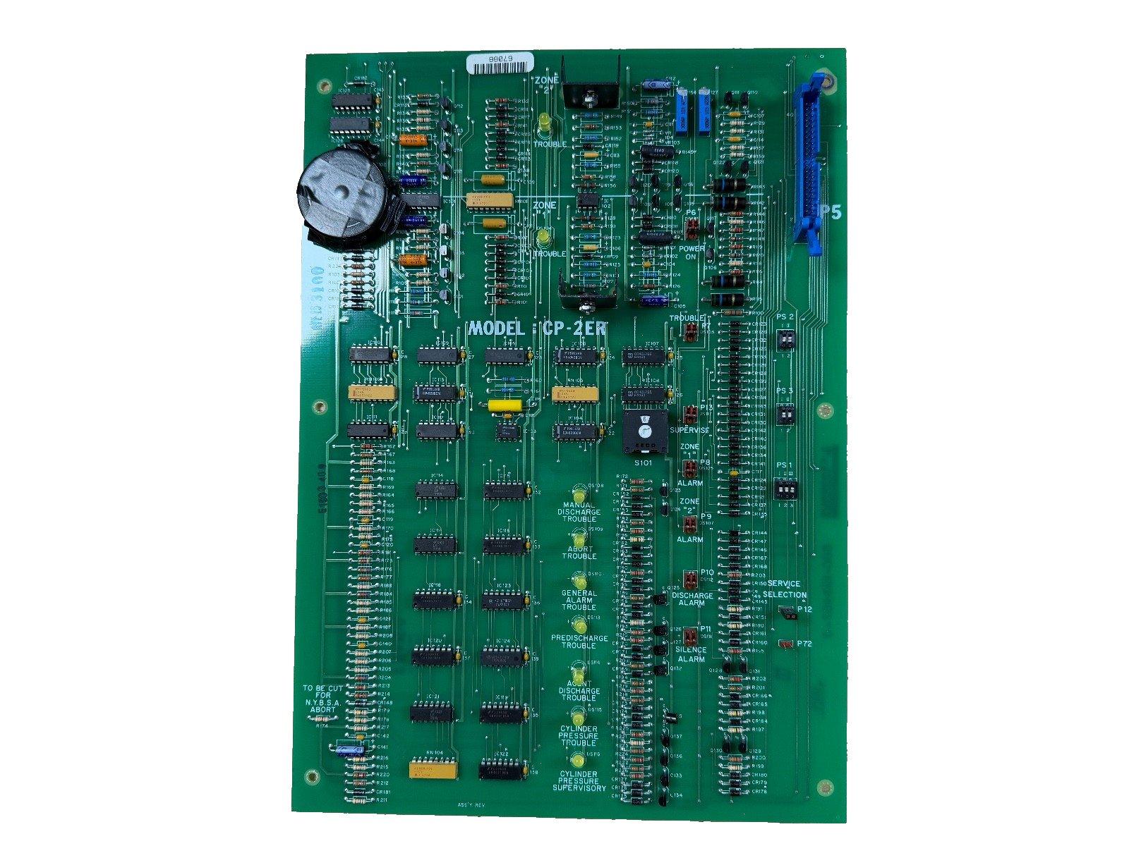 CP-2ER fire alarm control panel circuit board with labeled zones and trouble indicators