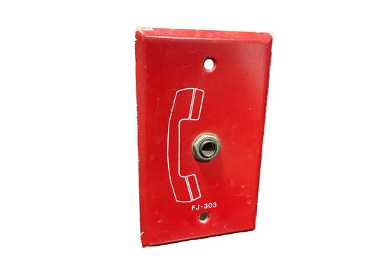 Red fire alarm phone station FJ-303 with handset icon, used fire safety equipment