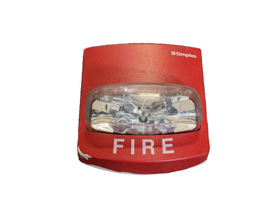 Red Simplex fire alarm strobe light with clear lens and bold FIRE label for safety systems