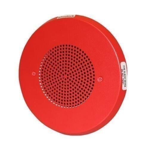 Red fire alarm sounder with perforated grille, labeled 'Fire Alarm Sounder' and 'Wheelock'