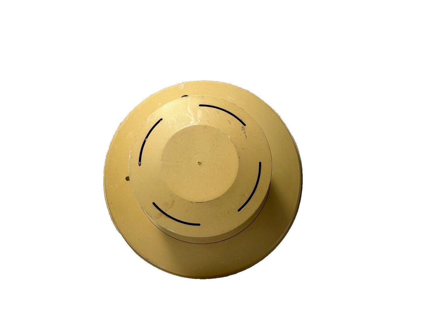 Yellow fire alarm horn speaker with circular design and mounting holes