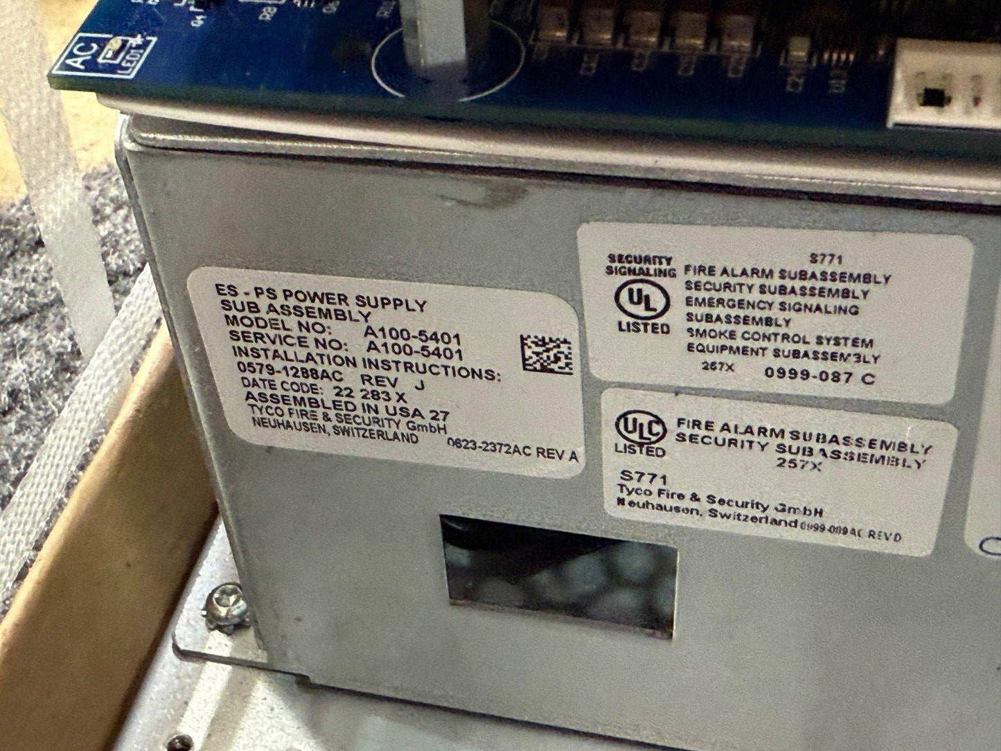 Tyco fire alarm power supply subassembly with UL listed labels, model A100-5401, assembled in USA