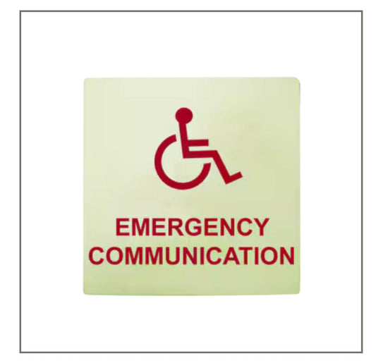 Emergency communication sign with wheelchair symbol for accessibility in fire safety systems