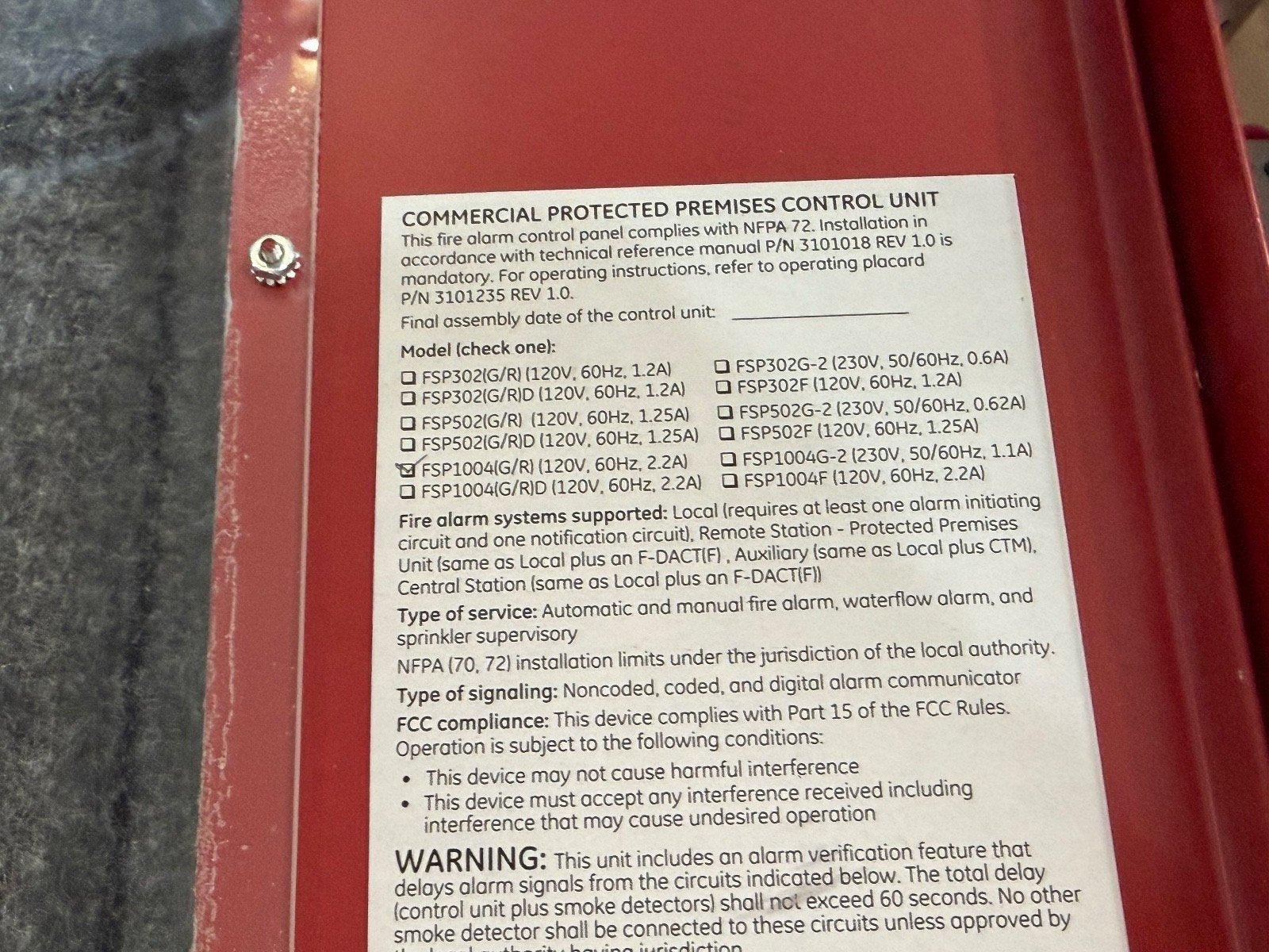 FSP1004(G/R) fire alarm control panel label, NFPA 72 compliant, commercial protected premises unit