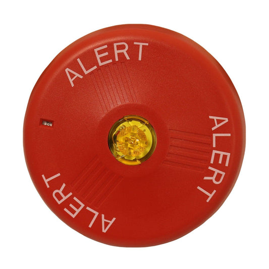 Red fire alarm alert device with yellow LED light and embossed ALERT text for safety signaling