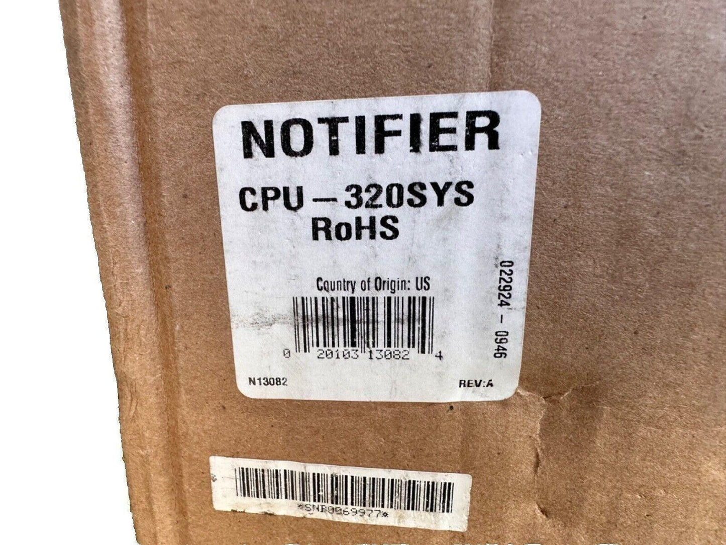 Notifier CPU-320SYS fire alarm control panel label on cardboard box, RoHS compliant, US origin