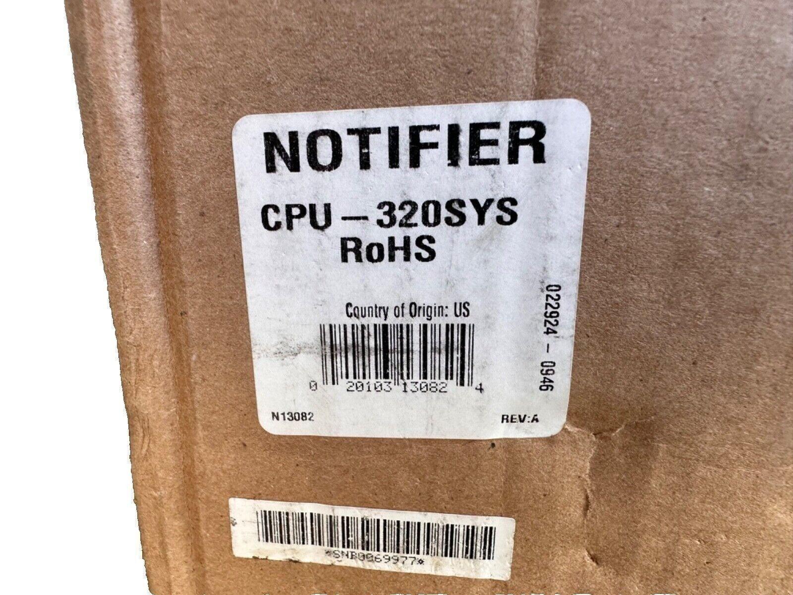 Notifier CPU-320SYS fire alarm control panel label on cardboard box, RoHS compliant, US origin