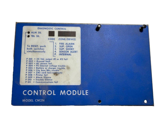 Blue fire alarm control module CM2N with diagnostic panel and reset instructions
