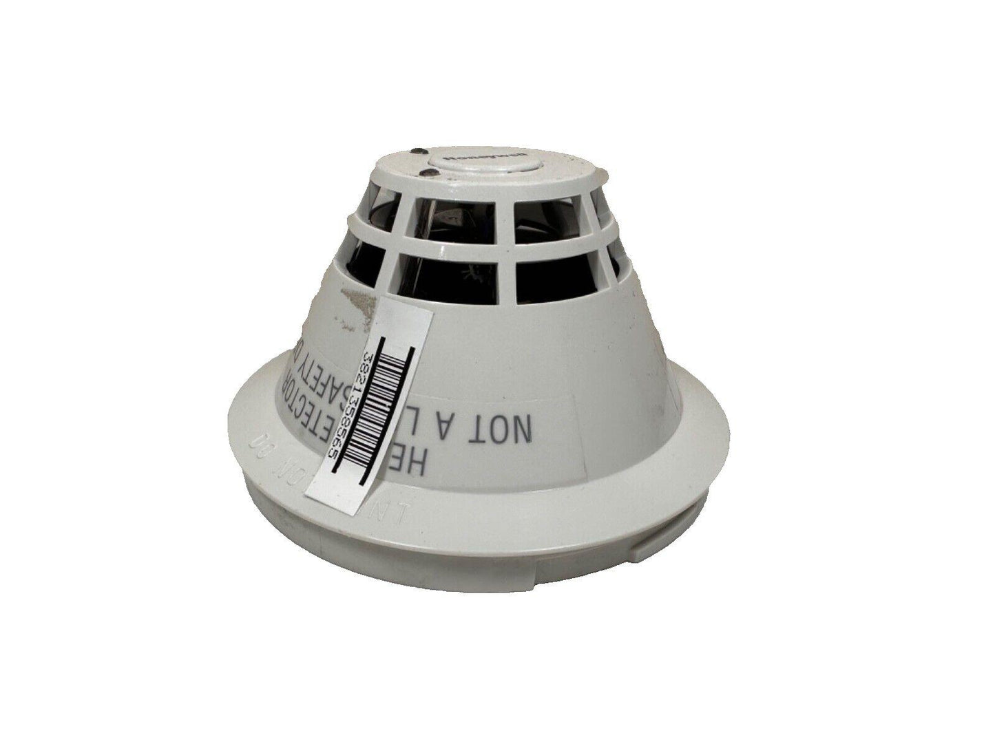 White smoke detector with barcode label, fire alarm safety device