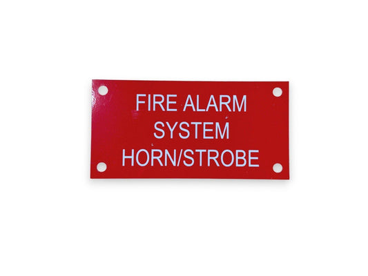 Red fire alarm system horn/strobe identification sign with white text and mounting holes