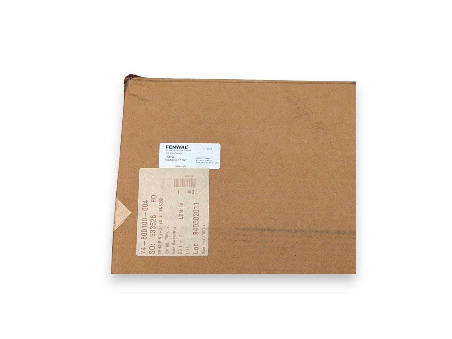 FENWAL fire alarm trim ring packaging, model 74-800100-004, used fire safety equipment