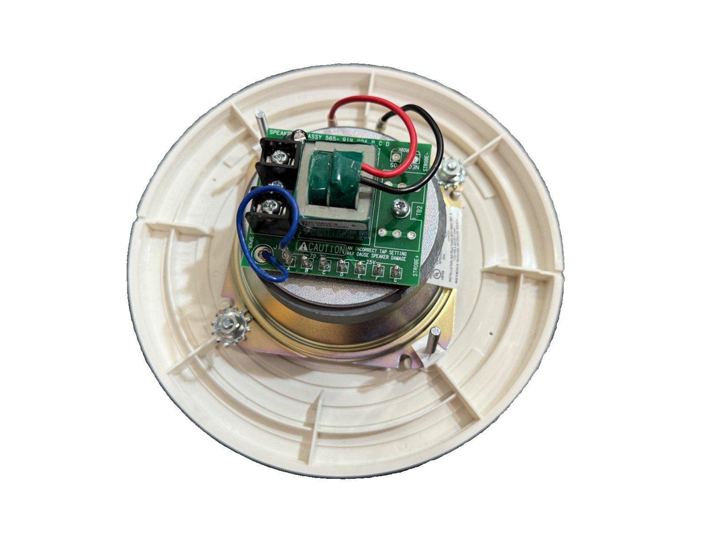 Fire alarm speaker strobe with wiring and circuit board, used in fire safety systems