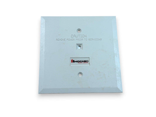 Hochiki fire alarm panel cover with caution label, used fire safety equipment