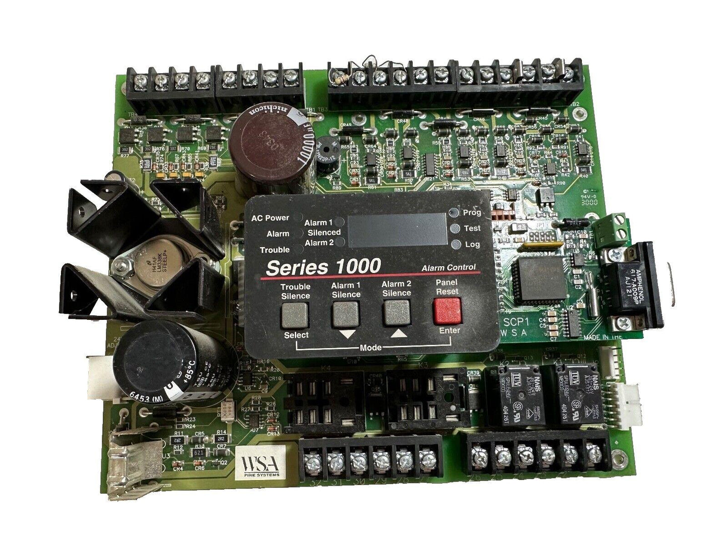 WSA Series 1000 fire alarm control panel with digital display and terminal blocks for fire safety systems