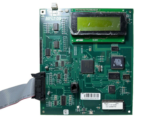MPC7-DB fire alarm control panel circuit board with LCD display and ribbon cable connection