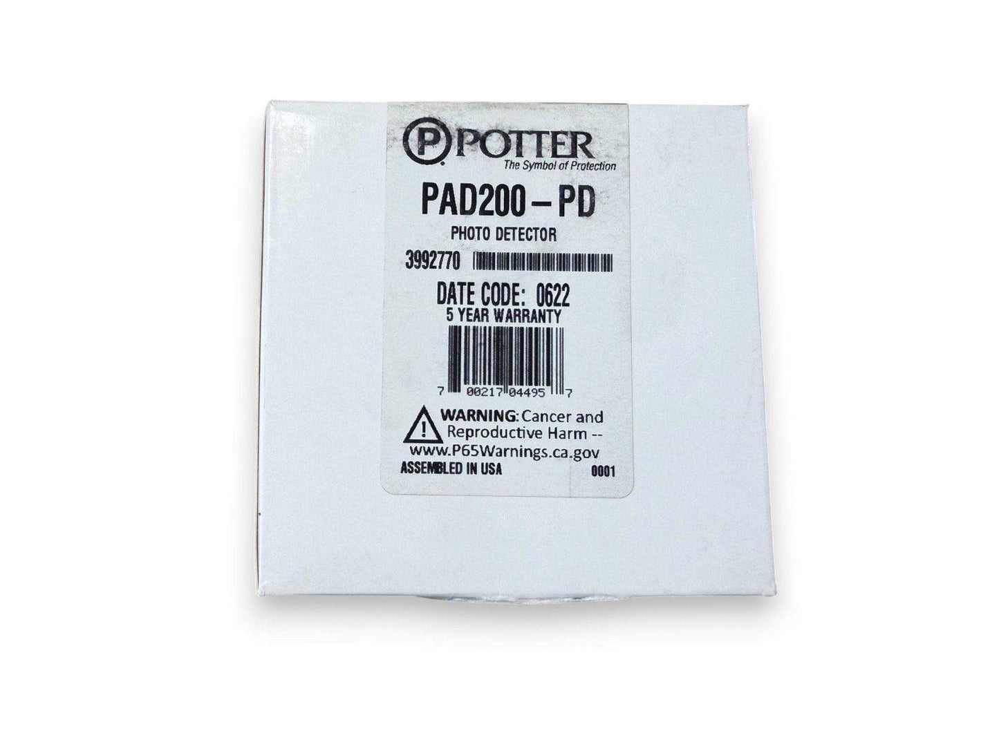 Potter PAD200-PD photo detector fire alarm device in original packaging, 5-year warranty, assembled in USA