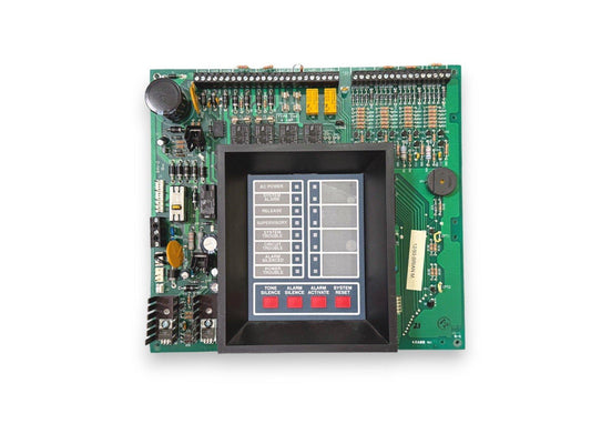 Fire alarm control panel circuit board with status indicators and system reset buttons