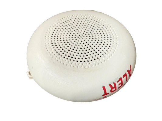 White fire alarm speaker with red ALERT text, perforated grille for emergency sound notification
