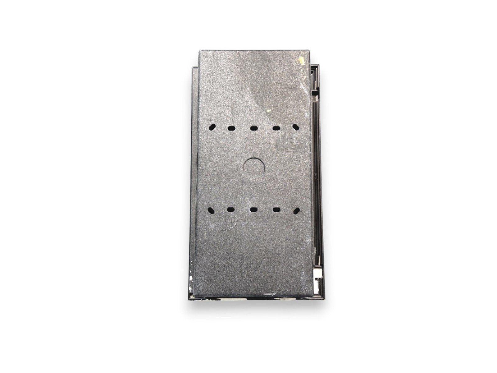 Metal fire alarm control panel enclosure with ventilation slots and mounting holes