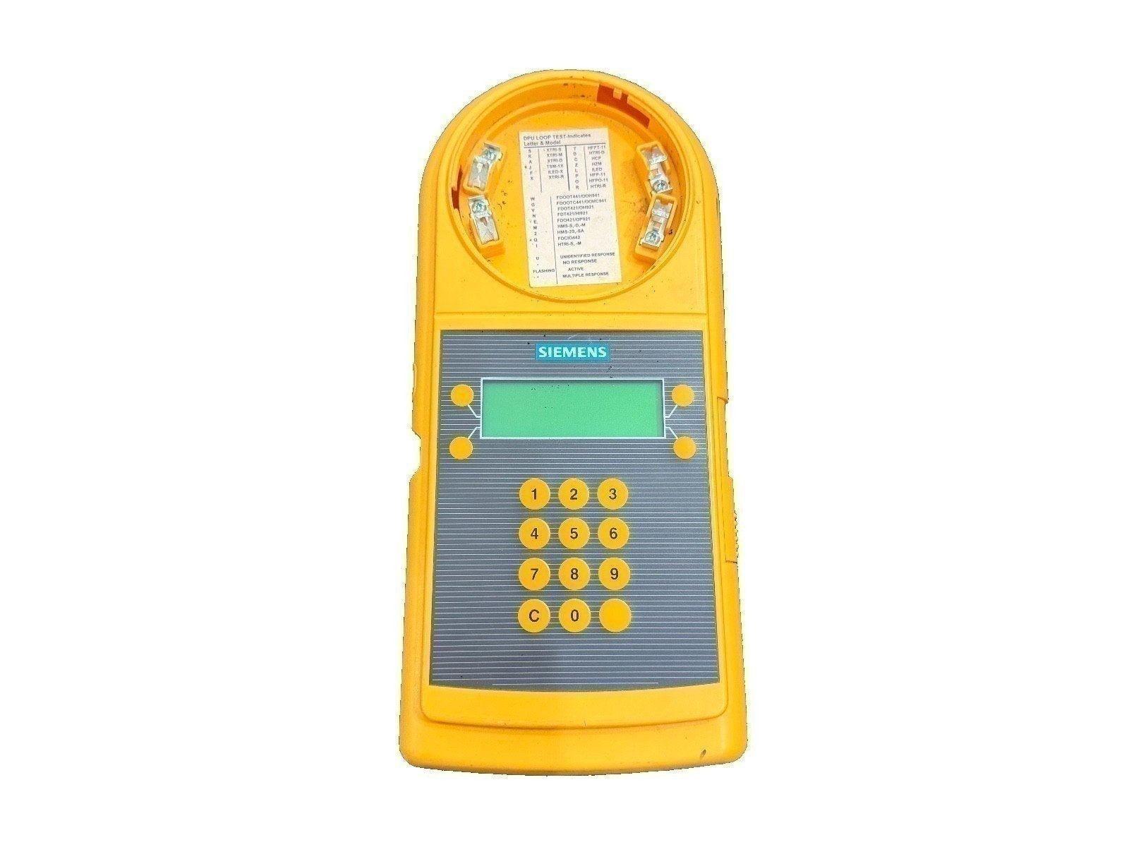 Yellow Siemens fire alarm test tool with keypad and DPU loop indicators for system diagnostics