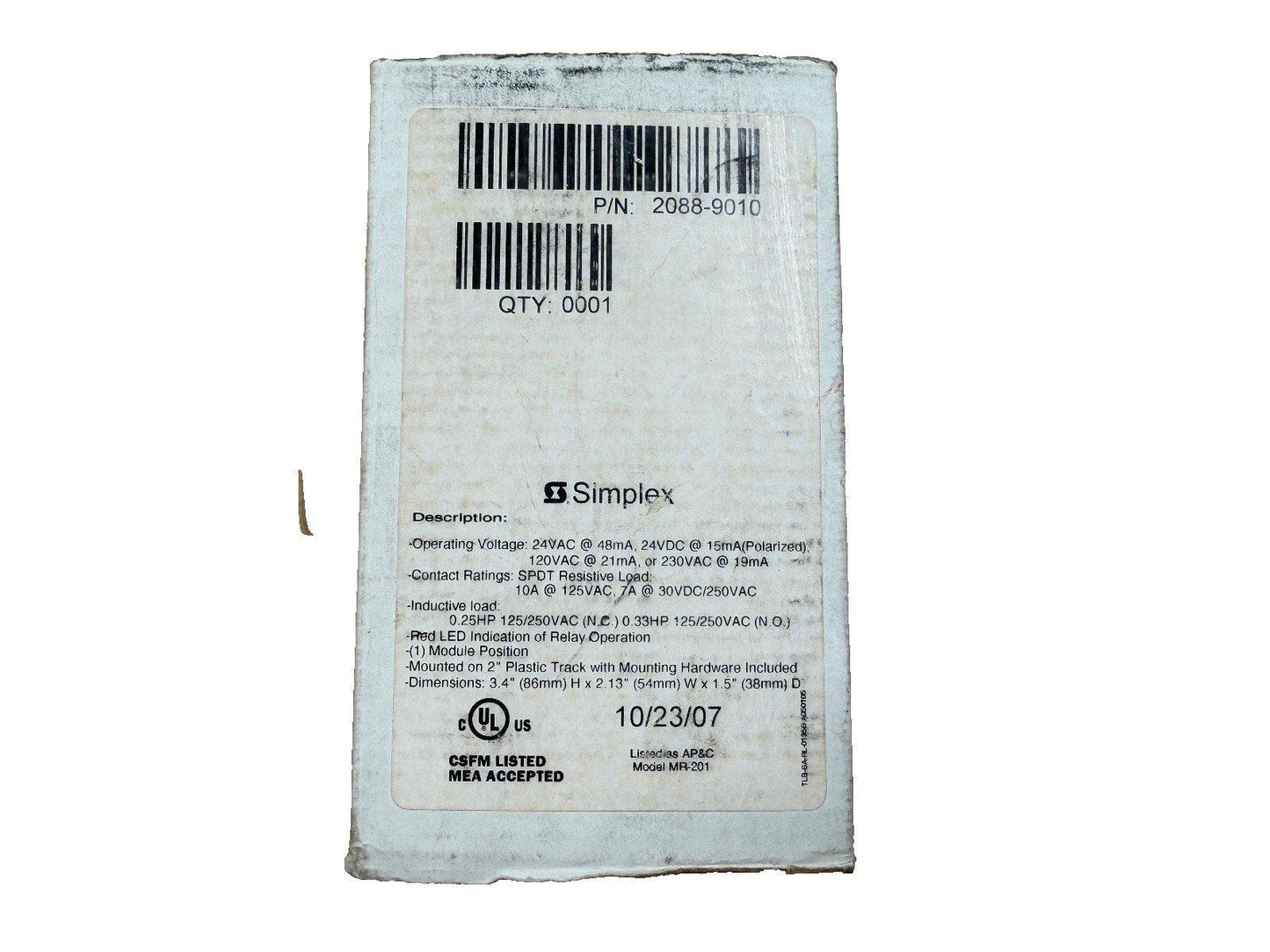 Simplex fire alarm relay module MR-201, model 2088-9010, with UL listing and CSFM approval for commercial use