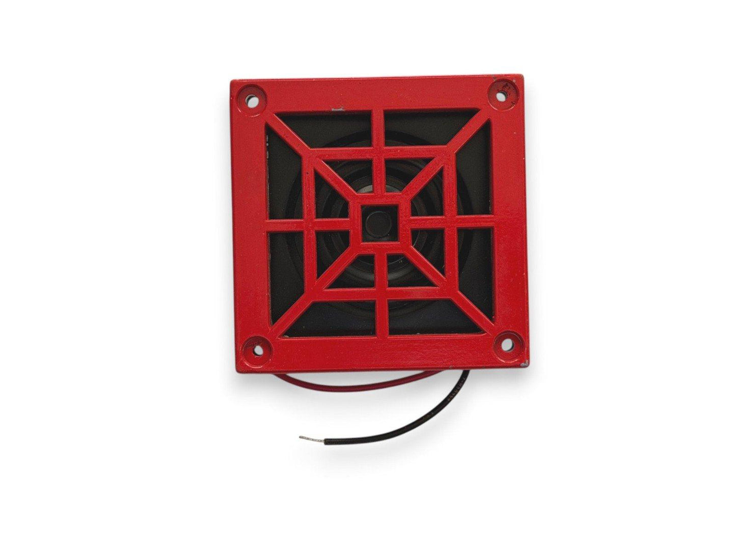 Red square fire alarm speaker with grille and wiring for fire safety systems