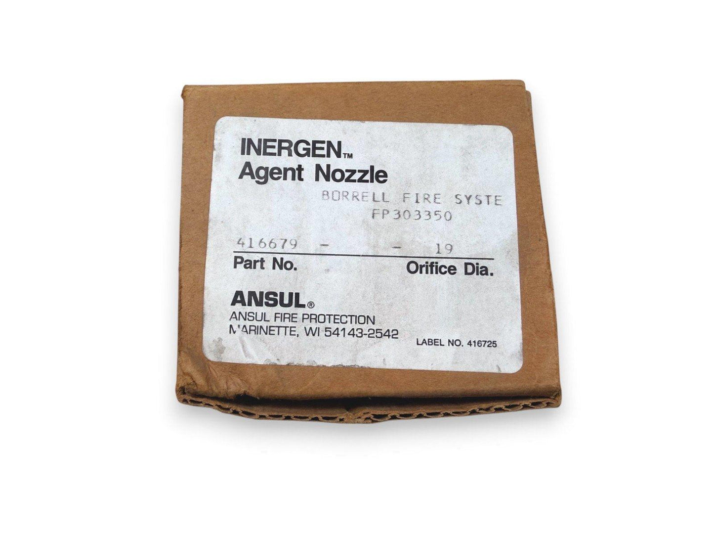 Inergen Agent Nozzle for fire suppression systems, Ansul part 416679, orifice dia 19