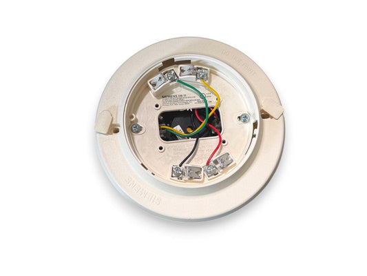 Siemens DB-11 fire alarm detector base with wiring terminals and color-coded wires for installation